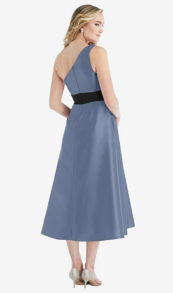 Back View - Larkspur Blue & Black Draped One-Shoulder Satin Midi Dress with Pockets
