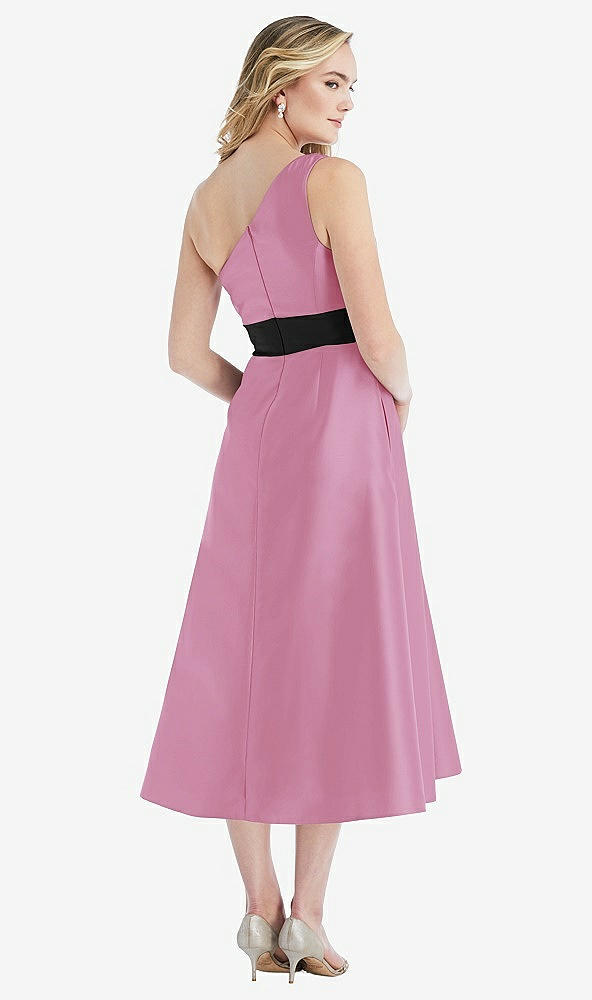 Back View - Powder Pink & Black Draped One-Shoulder Satin Midi Dress with Pockets