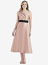 Front View Thumbnail - Toasted Sugar & Black Draped One-Shoulder Satin Midi Dress with Pockets
