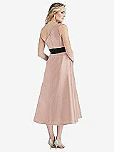 Rear View Thumbnail - Toasted Sugar & Black Draped One-Shoulder Satin Midi Dress with Pockets