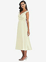 Side View Thumbnail - Butter Yellow & Butter Yellow Off-the-Shoulder Draped Wrap Satin Midi Dress with Pockets