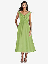 Front View Thumbnail - Mojito & Butter Yellow Off-the-Shoulder Draped Wrap Satin Midi Dress with Pockets