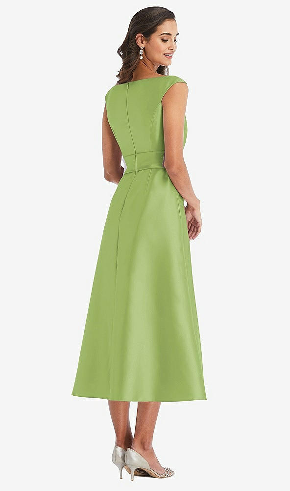 Back View - Mojito & Butter Yellow Off-the-Shoulder Draped Wrap Satin Midi Dress with Pockets
