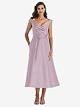 Front View Thumbnail - Suede Rose & Butter Yellow Off-the-Shoulder Draped Wrap Satin Midi Dress with Pockets