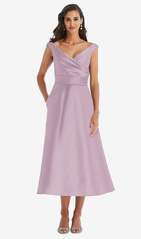 Front View - Suede Rose & Butter Yellow Off-the-Shoulder Draped Wrap Satin Midi Dress with Pockets