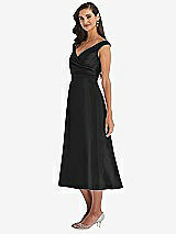 Side View Thumbnail - Black & Butter Yellow Off-the-Shoulder Draped Wrap Satin Midi Dress with Pockets