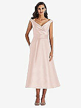 Front View Thumbnail - Blush & Butter Yellow Off-the-Shoulder Draped Wrap Satin Midi Dress with Pockets