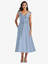 Front View Thumbnail - Cloudy & Butter Yellow Off-the-Shoulder Draped Wrap Satin Midi Dress with Pockets