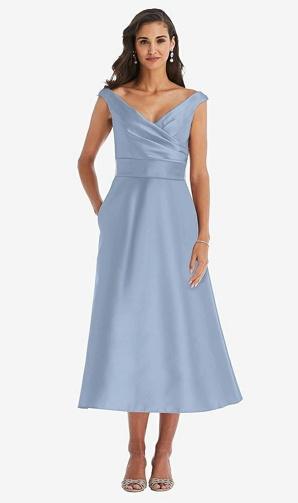 Front View - Cloudy & Butter Yellow Off-the-Shoulder Draped Wrap Satin Midi Dress with Pockets