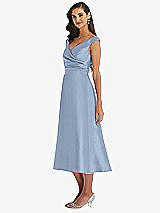Side View Thumbnail - Cloudy & Butter Yellow Off-the-Shoulder Draped Wrap Satin Midi Dress with Pockets
