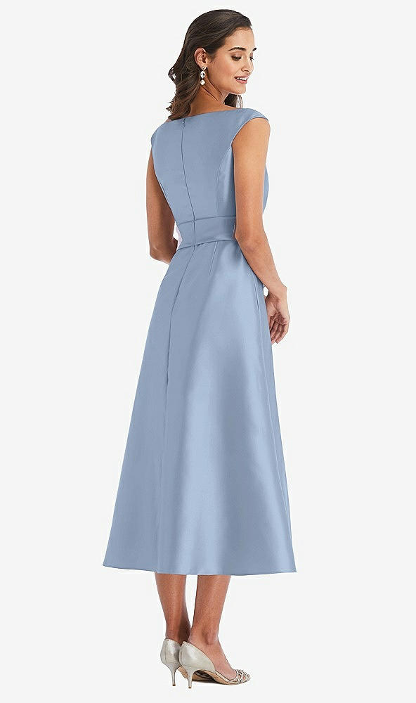 Back View - Cloudy & Butter Yellow Off-the-Shoulder Draped Wrap Satin Midi Dress with Pockets