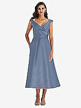 Front View Thumbnail - Larkspur Blue & Butter Yellow Off-the-Shoulder Draped Wrap Satin Midi Dress with Pockets