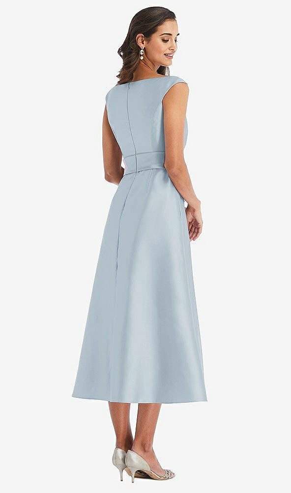 Back View - Mist & Butter Yellow Off-the-Shoulder Draped Wrap Satin Midi Dress with Pockets
