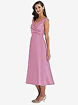 Side View Thumbnail - Powder Pink & Butter Yellow Off-the-Shoulder Draped Wrap Satin Midi Dress with Pockets