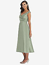 Side View Thumbnail - Sage & Butter Yellow Off-the-Shoulder Draped Wrap Satin Midi Dress with Pockets