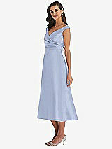 Side View Thumbnail - Sky Blue & Butter Yellow Off-the-Shoulder Draped Wrap Satin Midi Dress with Pockets