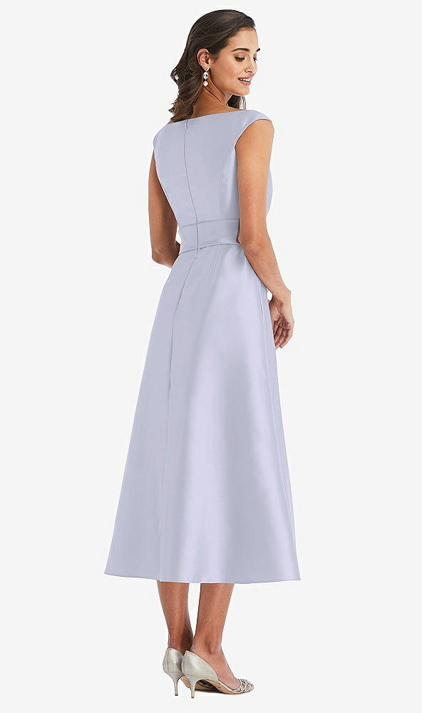 Back View - Silver Dove & Butter Yellow Off-the-Shoulder Draped Wrap Satin Midi Dress with Pockets