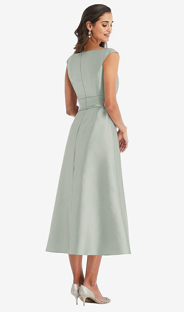 Back View - Willow Green & Butter Yellow Off-the-Shoulder Draped Wrap Satin Midi Dress with Pockets