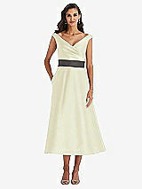 Front View Thumbnail - Butter Yellow & Caviar Gray Off-the-Shoulder Draped Wrap Satin Midi Dress with Pockets