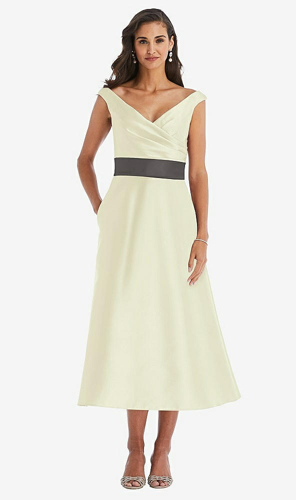Front View - Butter Yellow & Caviar Gray Off-the-Shoulder Draped Wrap Satin Midi Dress with Pockets