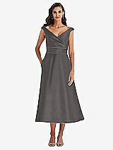 Front View Thumbnail - Caviar Gray & Caviar Gray Off-the-Shoulder Draped Wrap Satin Midi Dress with Pockets