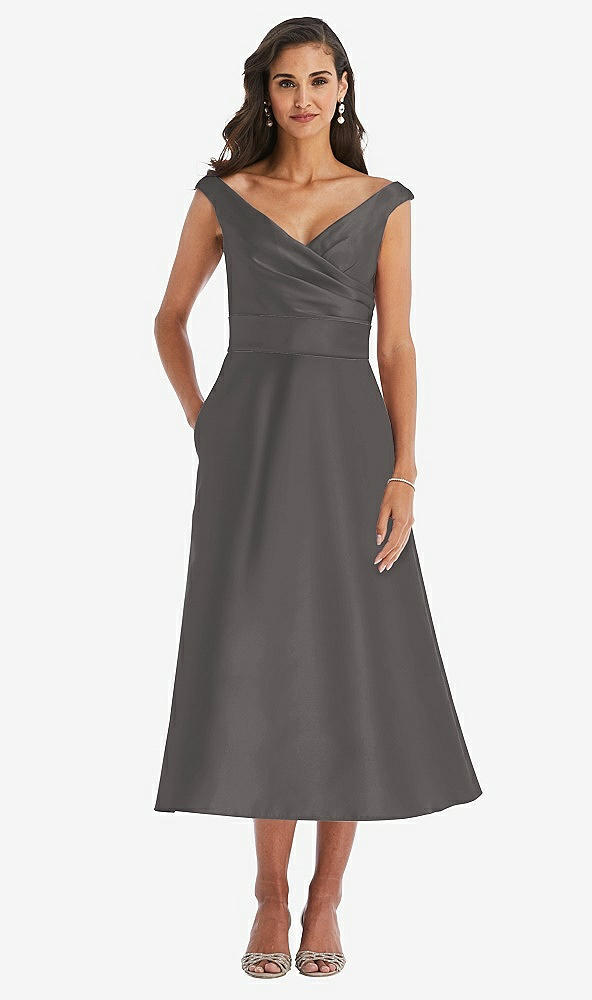 Front View - Caviar Gray & Caviar Gray Off-the-Shoulder Draped Wrap Satin Midi Dress with Pockets