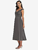 Side View Thumbnail - Caviar Gray & Caviar Gray Off-the-Shoulder Draped Wrap Satin Midi Dress with Pockets