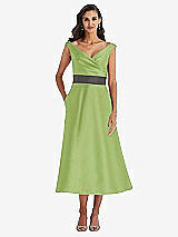 Front View Thumbnail - Mojito & Caviar Gray Off-the-Shoulder Draped Wrap Satin Midi Dress with Pockets
