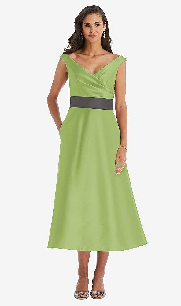 Front View - Mojito & Caviar Gray Off-the-Shoulder Draped Wrap Satin Midi Dress with Pockets