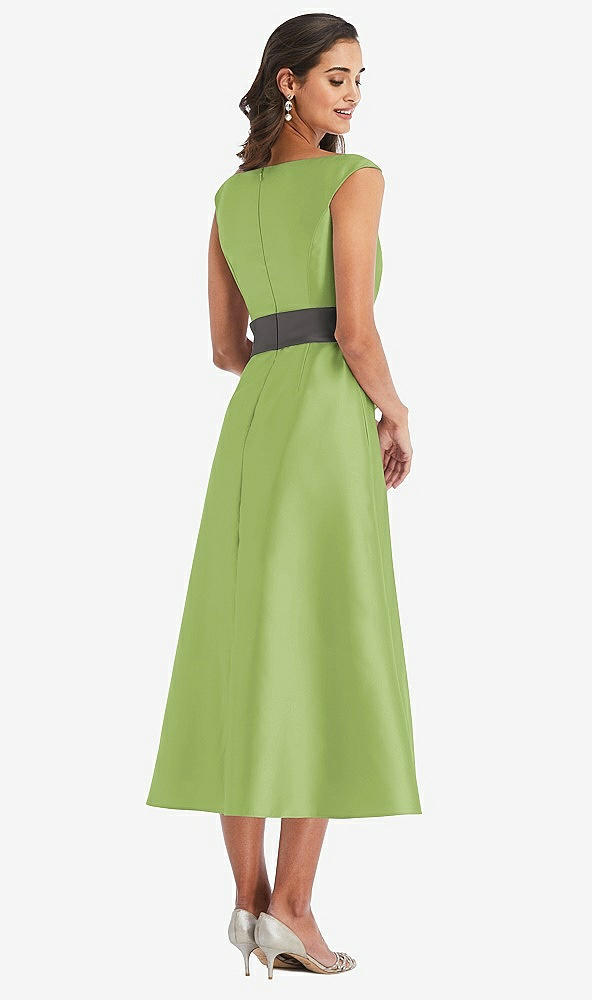 Back View - Mojito & Caviar Gray Off-the-Shoulder Draped Wrap Satin Midi Dress with Pockets
