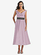 Front View Thumbnail - Suede Rose & Caviar Gray Off-the-Shoulder Draped Wrap Satin Midi Dress with Pockets