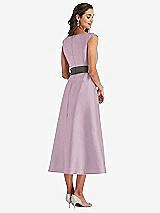 Rear View Thumbnail - Suede Rose & Caviar Gray Off-the-Shoulder Draped Wrap Satin Midi Dress with Pockets