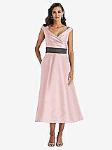 Front View Thumbnail - Ballet Pink & Caviar Gray Off-the-Shoulder Draped Wrap Satin Midi Dress with Pockets