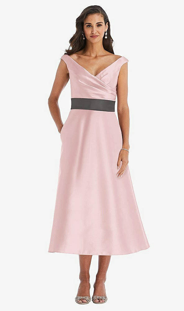 Front View - Ballet Pink & Caviar Gray Off-the-Shoulder Draped Wrap Satin Midi Dress with Pockets