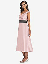 Side View Thumbnail - Ballet Pink & Caviar Gray Off-the-Shoulder Draped Wrap Satin Midi Dress with Pockets