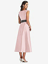 Rear View Thumbnail - Ballet Pink & Caviar Gray Off-the-Shoulder Draped Wrap Satin Midi Dress with Pockets