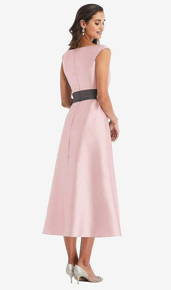 Back View - Ballet Pink & Caviar Gray Off-the-Shoulder Draped Wrap Satin Midi Dress with Pockets