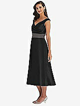 Side View Thumbnail - Black & Caviar Gray Off-the-Shoulder Draped Wrap Satin Midi Dress with Pockets