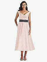Front View Thumbnail - Blush & Caviar Gray Off-the-Shoulder Draped Wrap Satin Midi Dress with Pockets