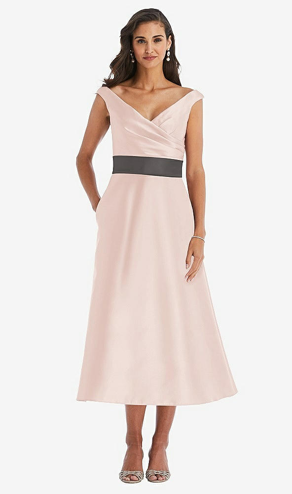 Front View - Blush & Caviar Gray Off-the-Shoulder Draped Wrap Satin Midi Dress with Pockets