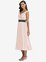 Side View Thumbnail - Blush & Caviar Gray Off-the-Shoulder Draped Wrap Satin Midi Dress with Pockets