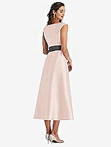 Rear View Thumbnail - Blush & Caviar Gray Off-the-Shoulder Draped Wrap Satin Midi Dress with Pockets