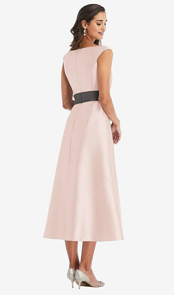 Back View - Blush & Caviar Gray Off-the-Shoulder Draped Wrap Satin Midi Dress with Pockets