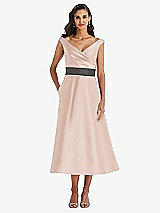 Front View Thumbnail - Cameo & Caviar Gray Off-the-Shoulder Draped Wrap Satin Midi Dress with Pockets