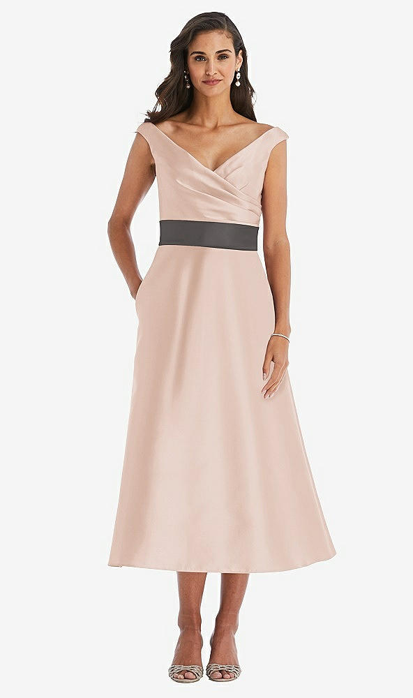 Front View - Cameo & Caviar Gray Off-the-Shoulder Draped Wrap Satin Midi Dress with Pockets