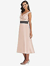 Side View Thumbnail - Cameo & Caviar Gray Off-the-Shoulder Draped Wrap Satin Midi Dress with Pockets