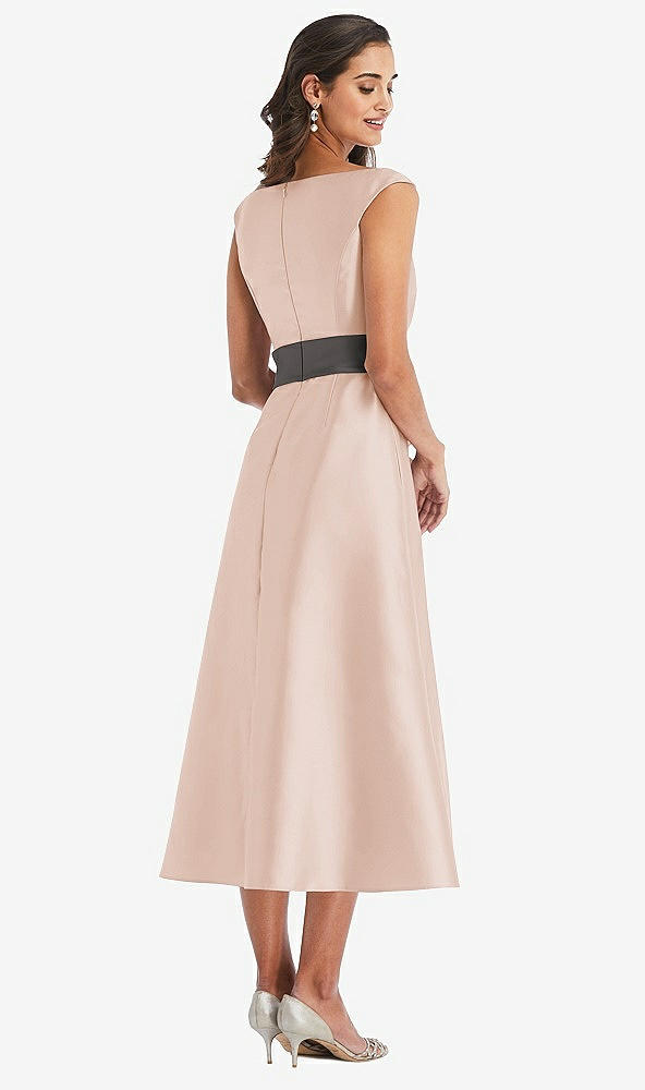 Back View - Cameo & Caviar Gray Off-the-Shoulder Draped Wrap Satin Midi Dress with Pockets