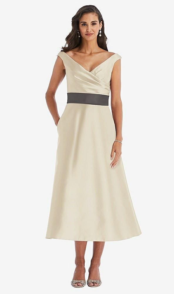 Front View - Champagne & Caviar Gray Off-the-Shoulder Draped Wrap Satin Midi Dress with Pockets