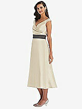Side View Thumbnail - Champagne & Caviar Gray Off-the-Shoulder Draped Wrap Satin Midi Dress with Pockets