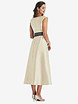 Rear View Thumbnail - Champagne & Caviar Gray Off-the-Shoulder Draped Wrap Satin Midi Dress with Pockets